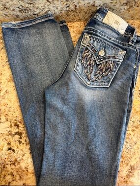 Miss Me Women's Blue Bootcut Jeans with Embroidered Feather Pocket